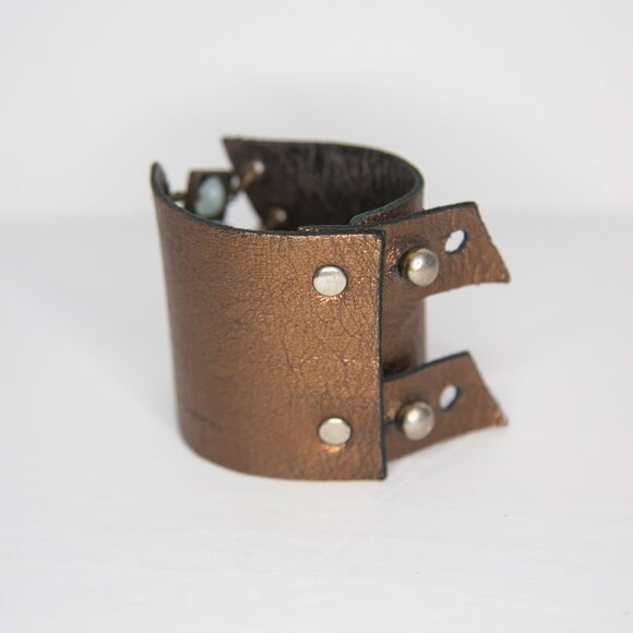 SOLD Bronze Leather Punk Wasteland Steampunk Style Cuff Bracelet Blue Stones - Picture 6 of 10
